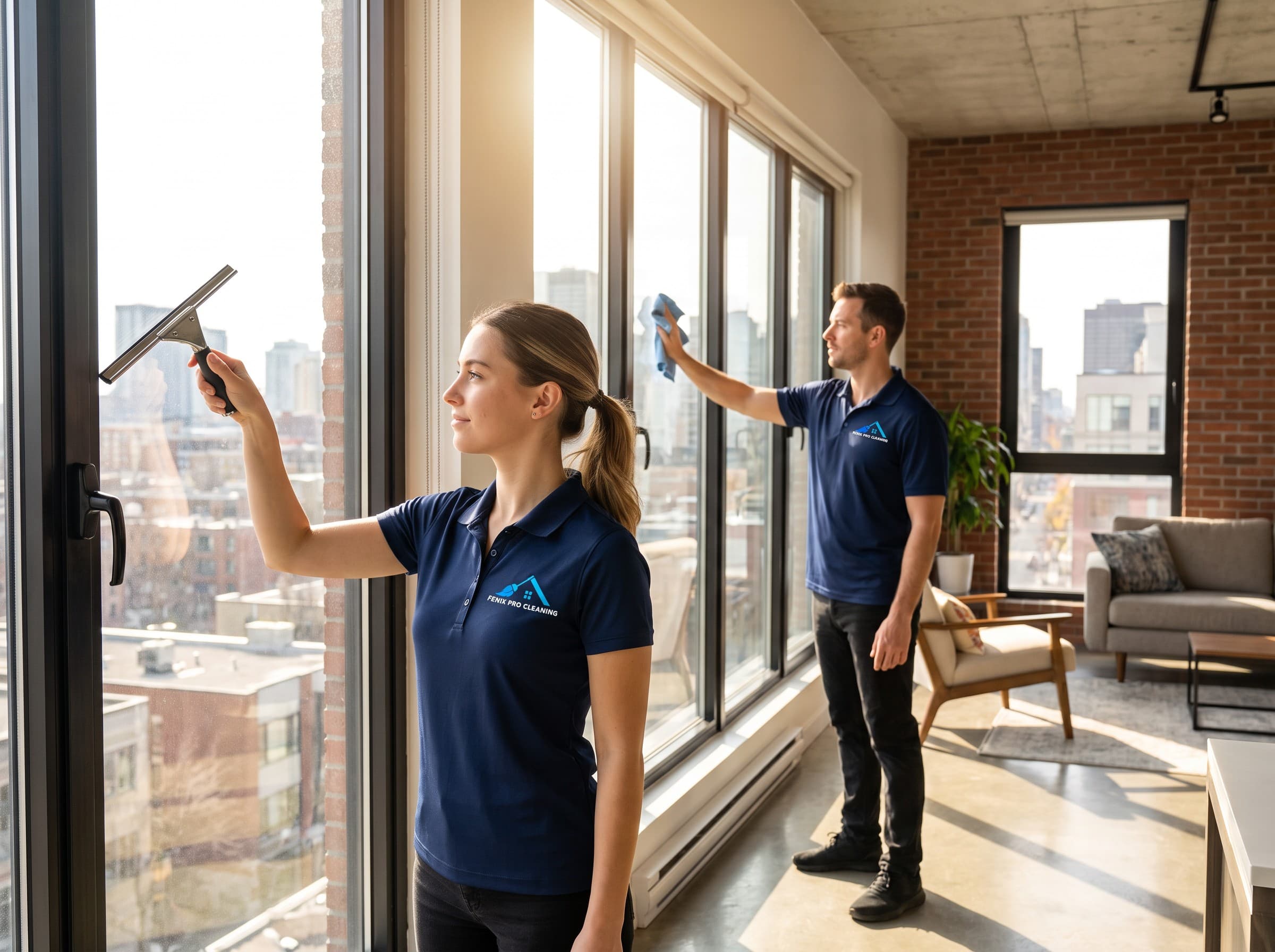 Employé de Fenix ProCleaning qui lave une grande fenêtre intérieure dans un salon à Montréal